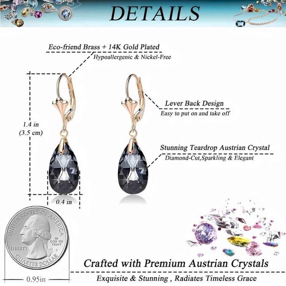 14K Yellow Gold with Charcoal Gray Austrian Crystal Teardrop Leverback Earrings - Picture 6 of 6